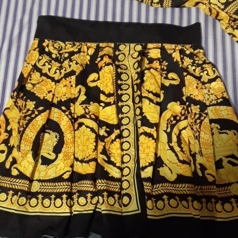 Black and Gold Pleated Satin Skirt